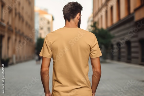 Man In Gold Tshirt On The Street, Back View, Mockup photo