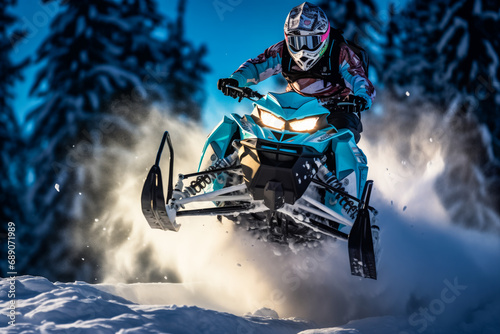 Snowmobile riding with fun in deep snow powder. Extreme sport adventure, outdoor activity during winter holiday on ski mountain resort