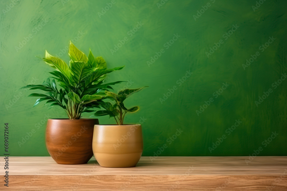Fototapeta premium Brown wooden table with potted plants and green background.
