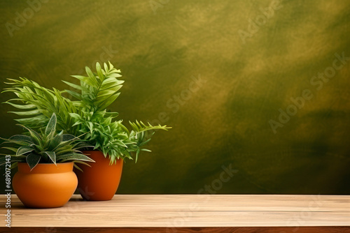 Brown wooden table with potted plants and green background.