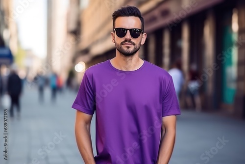 Man In Purple Tshirt On The Street, Mockup. Сoncept Abstract Art Exhibition, Wedding Ceremony, Food Photography, Fashion Editorial