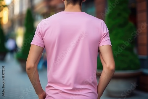 Man In Pink Tshirt On The Street, Back View, Mockup