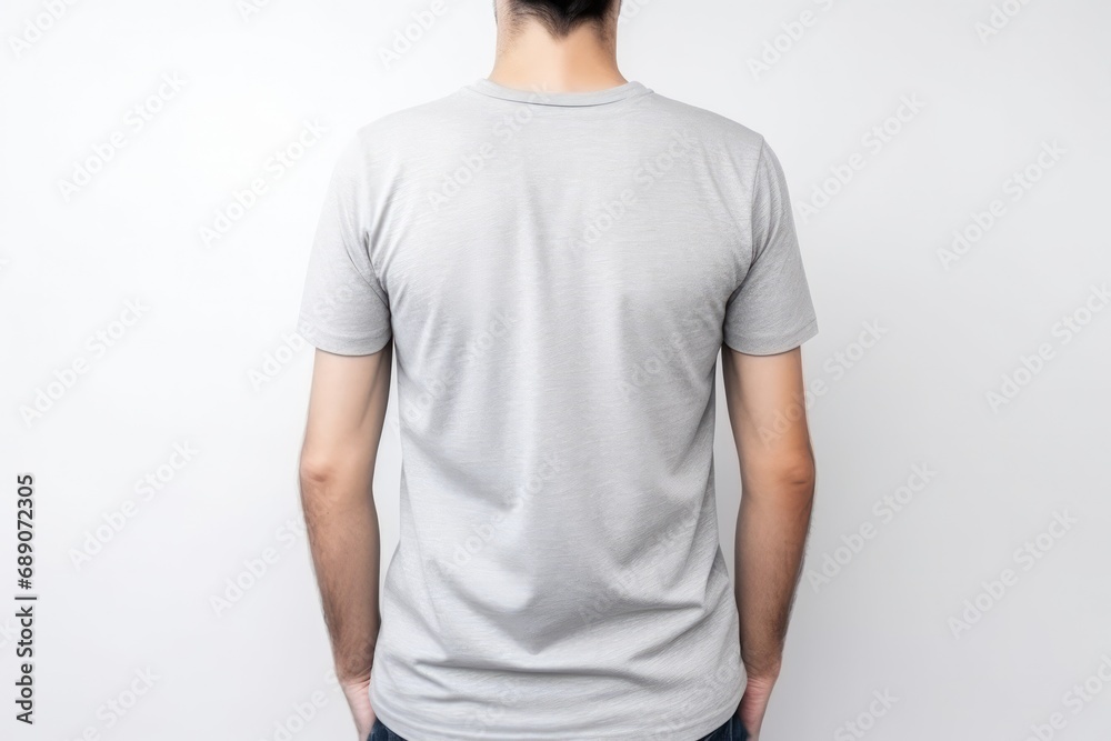 Man In Silver Tshirt On White Background, Back View, Mockup Man In Silver Tshirt On White Background, Back View, Mockup