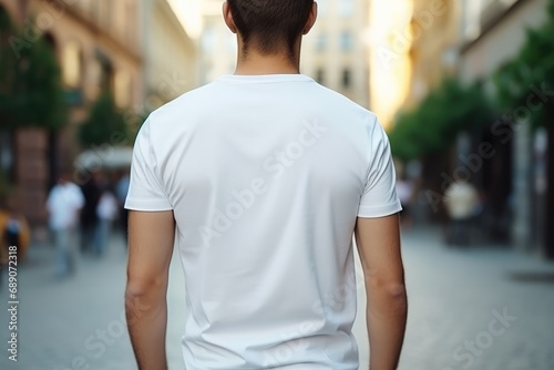 Man In White Tshirt On The Street, Back View, Mockup