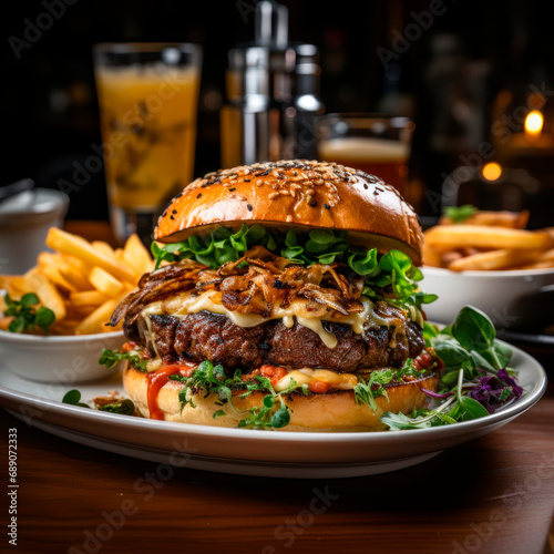 burger with cheese and fries