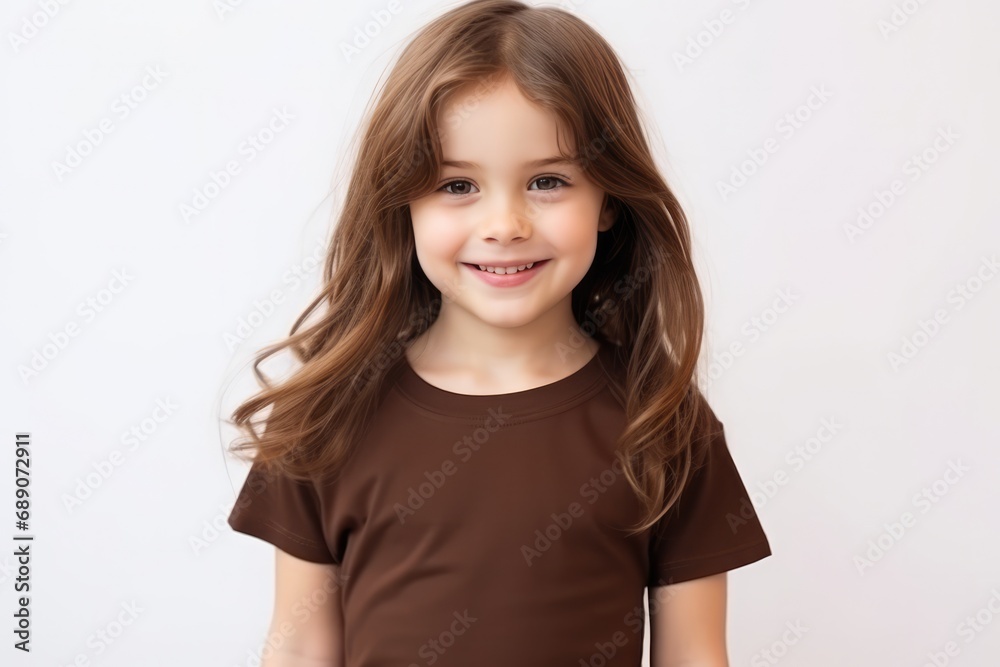 The Little Girl In Brown Tshirt On White Background, Mockup. Сoncept Candid Lifestyle Shots, Product Placement, Studio Lighting, Clean And Minimalistic Aesthetic The Little Girl In Brown Tshirt On White Background, Mockup. Сoncept Candid Lifestyle Shots, Product Placement, Studio Lighting, Clean And Minimalistic Aesthetic