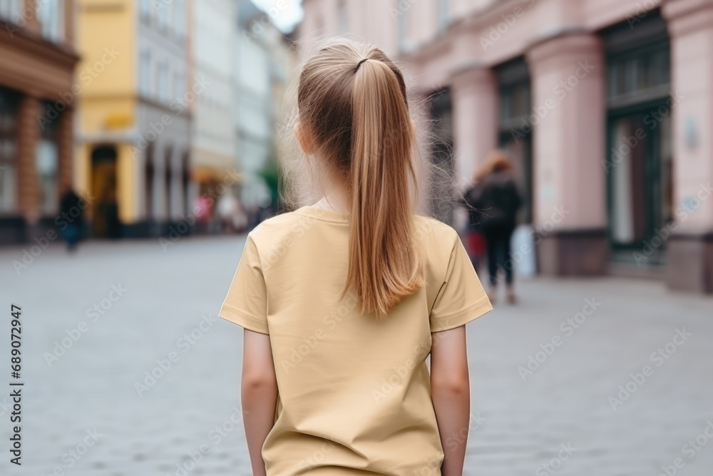 The Little Girl In Gold Tshirt On The Street, Back View, Mockup