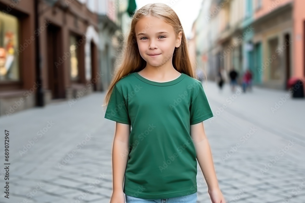 The Little Girl In Green Tshirt On The Street, Mockup. Сoncept Nature-Inspired Photoshoot, Romantic Sunset Silhouettes, Candid Family Moments, Urban Street Style, Product Showcase