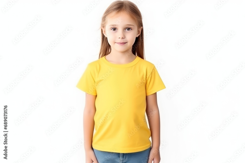The Little Girl In Yellow Tshirt On White Background, Mockup The Little Girl In Yellow Tshirt On White Background, Mockup