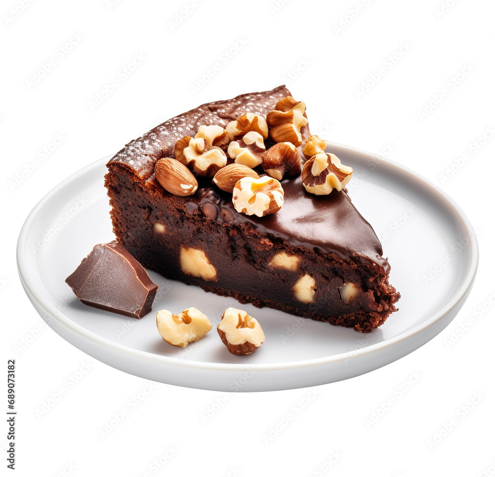 delicious Piece of brownie cake with hazelnuts isolated on transparent background Remove png, Clipping Path, pen tool delicious Piece of brownie cake with hazelnuts isolated on transparent background Remove png, Clipping Path, pen tool