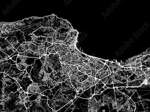 Vector road map of the city of Algiers in Algeria with white roads on a black background.