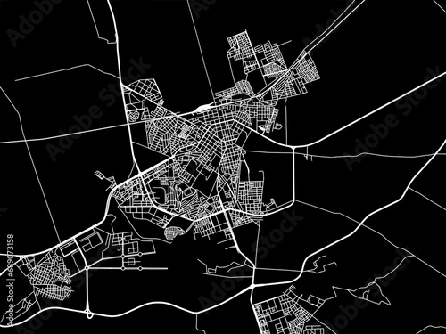 Vector road map of the city of Relizane in Algeria with white roads on a black background.
