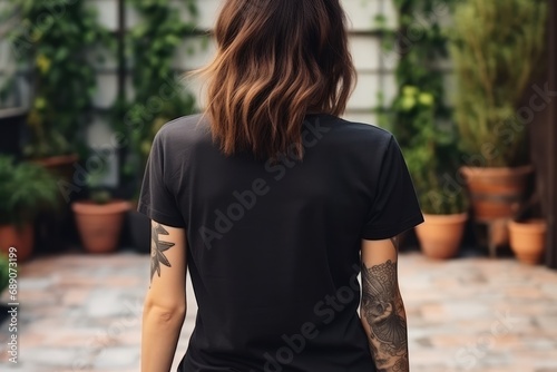 Woman In Black Tshirt On The Street, Back View, Mockup