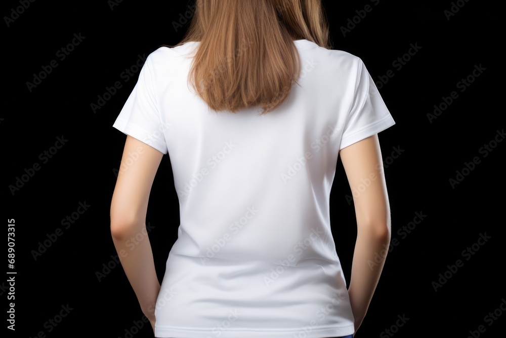 Woman In Gold Tshirt On Black Background, Back View, Mockup Woman In Gold Tshirt On Black Background, Back View, Mockup
