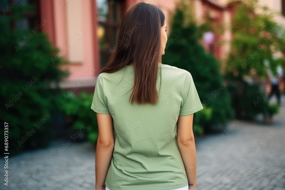 Woman In Green Tshirt On The Street, Back View, Mockup