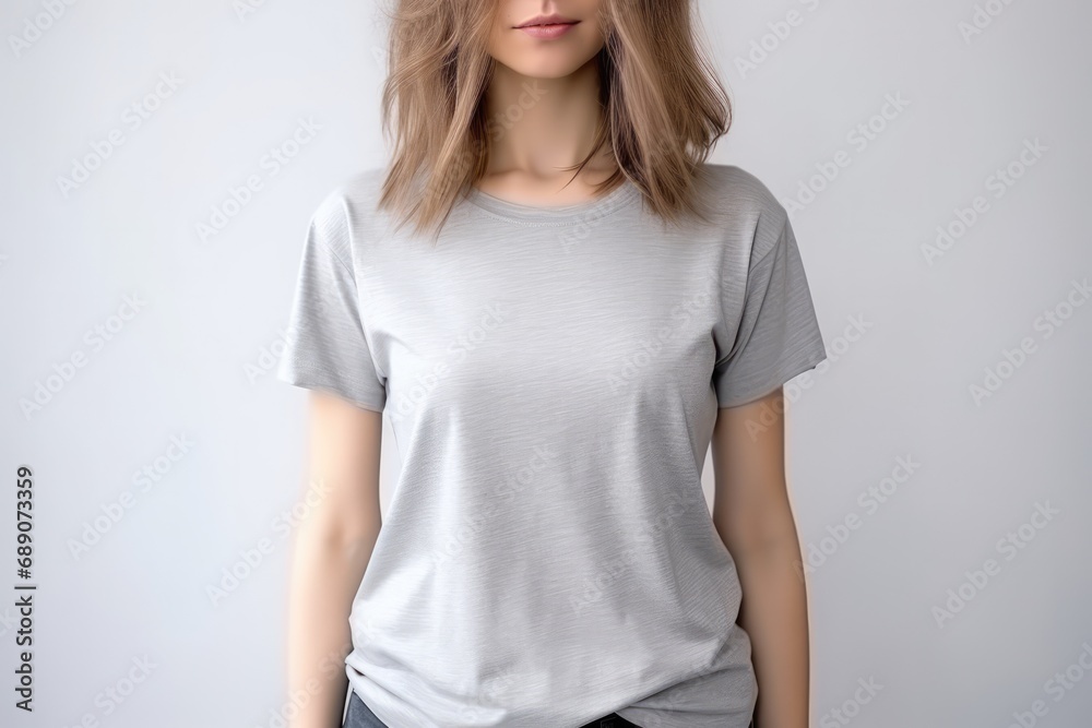 Woman In Grey Tshirt On White Background, Mockup Woman In Grey Tshirt On White Background, Mockup