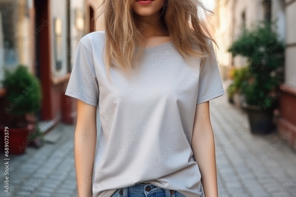 Woman In Light Gray Tshirt On The Street, Mockup. Сoncept Casual Street Style, Modern Fashion, Simple Elegance, Urban Chic