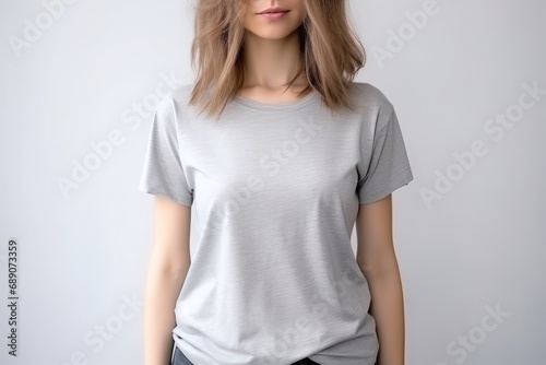 Woman In Grey Tshirt On White Background, Mockup © Anastasiia
