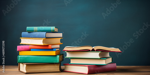 A stack of books on a wooden table in front of a blackboard focus on background Books on desk, chalkboard background Ai Generative