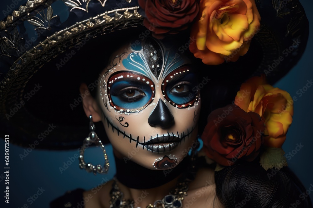 Woman Wearing Sombrero With Sugar Skull Makeup. Сoncept Day Of The Dead, Mexican Cultural Celebration, Unique Makeup, Festive Headwear