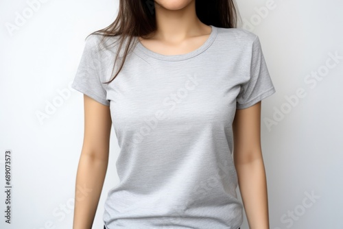 Woman In Silver Tshirt On White Background, Mockup. Сoncept Fashion Photography, Silver T-Shirt Fashion, White Background Mockup