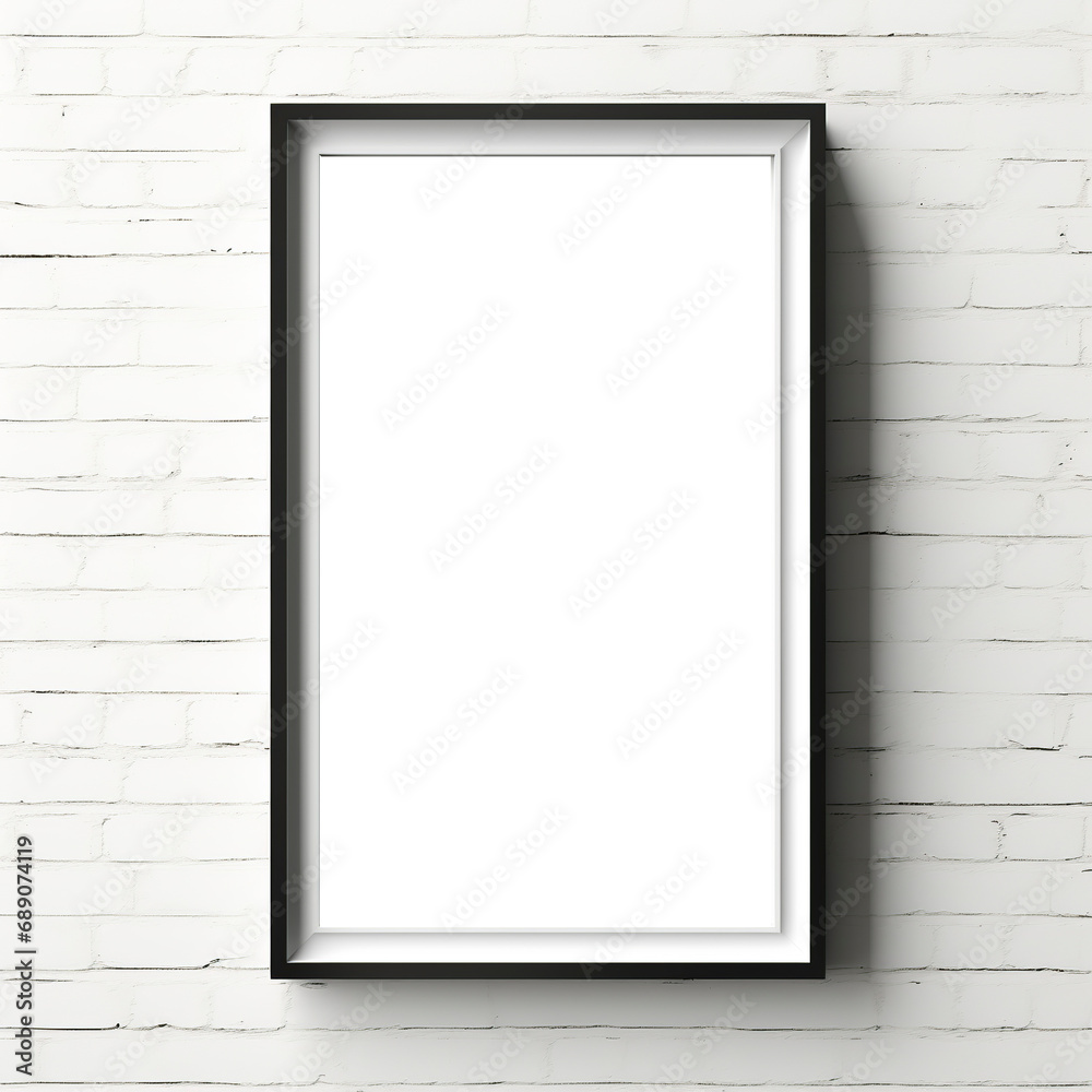 Blank picture frame on white brick wall background Blank picture frame on white brick wall background