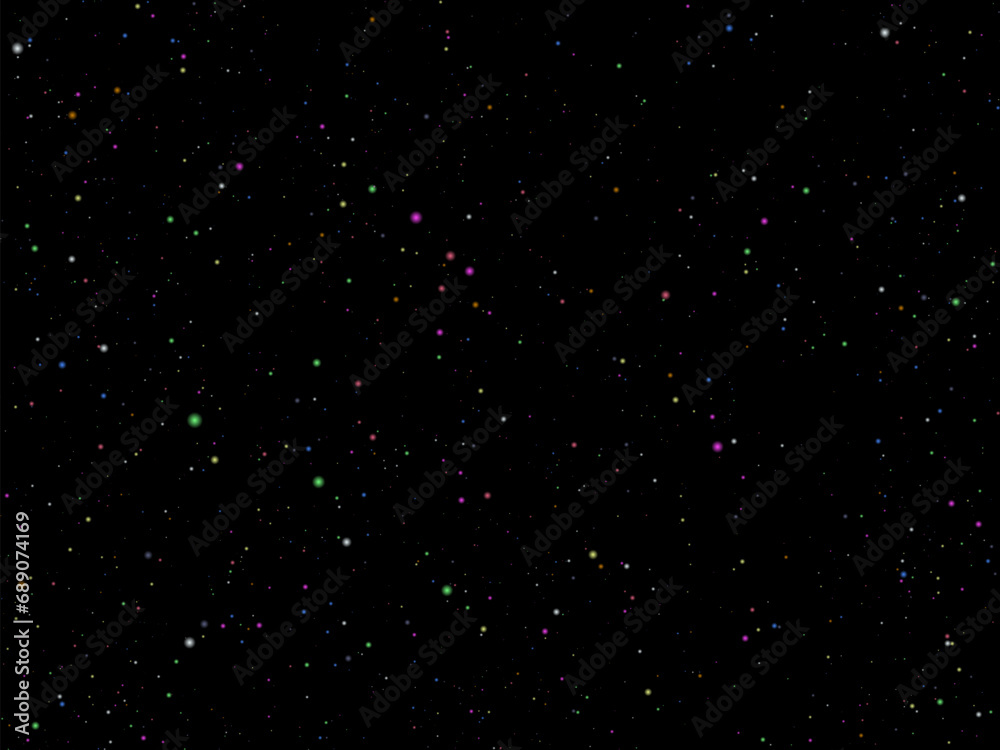 Glowing light effect with many glitter particles on bllack background. Color sparks shine with