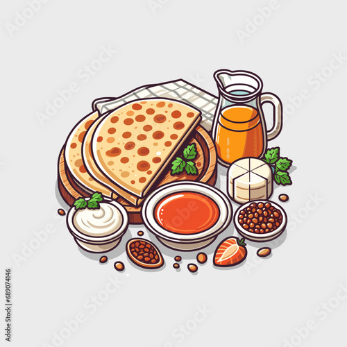 Middle eastern taboon pita bread served with tomato sauce mayonnaise nuts cheese and orange juice vector illustration concept