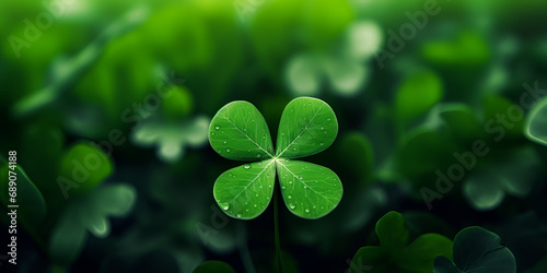 Green forest background with large fourleaf green clover on blurry leaves on green background AI Generative photo