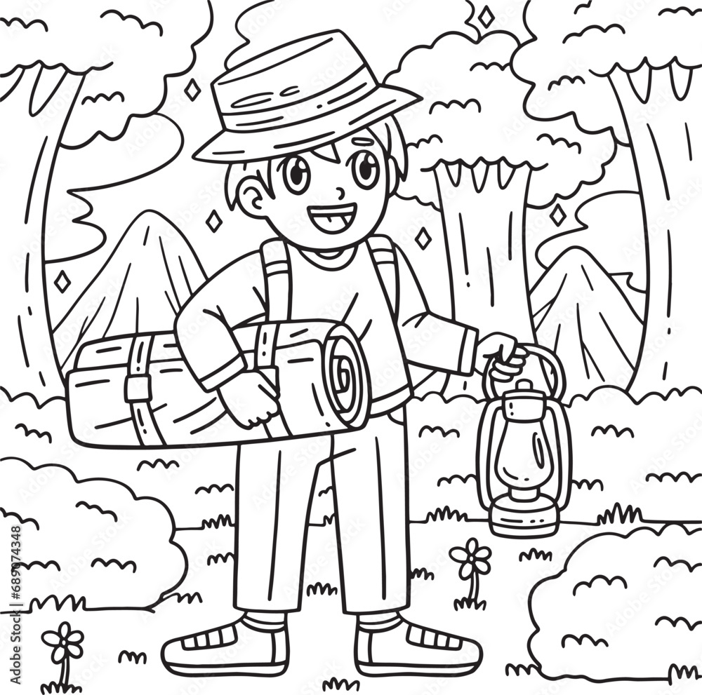 Camping Camper with Sleeping Bag Coloring Page 