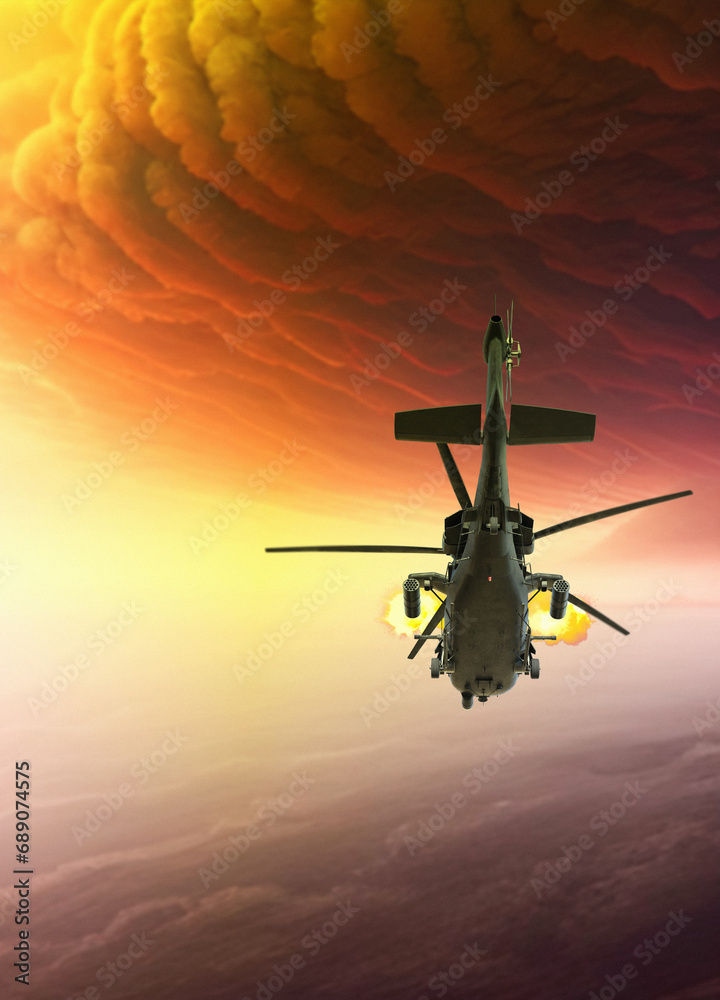 Naklejka premium Military helicopter in storm cloud firing guns.