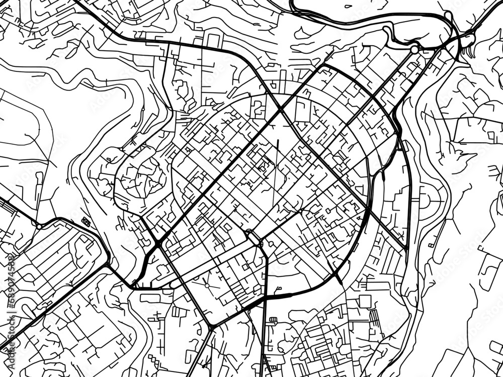 Vector road map of the city of Yerevan city center in Armenia with black roads on a white background.