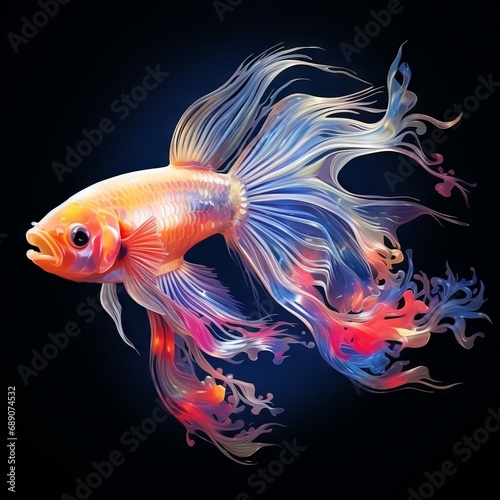 Colorful betta fish with bright fins in UV style on a black background. Picturesque underwater inhabitants. Beautiful fish tails. Concept: for photo wallpapers and postcards