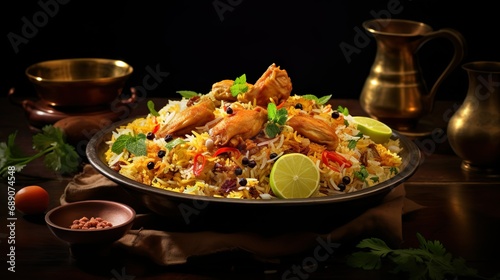Close up of rice chicken biryani, Spicy curry and aromatic flavors, authentic Indian food, serving fancy food in a restaurant.