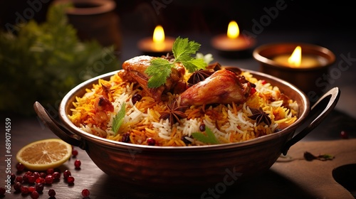 Spicy chicken biryani cuisine in a shiny silver bowl, authentic Indian food, serving fancy food in a restaurant.