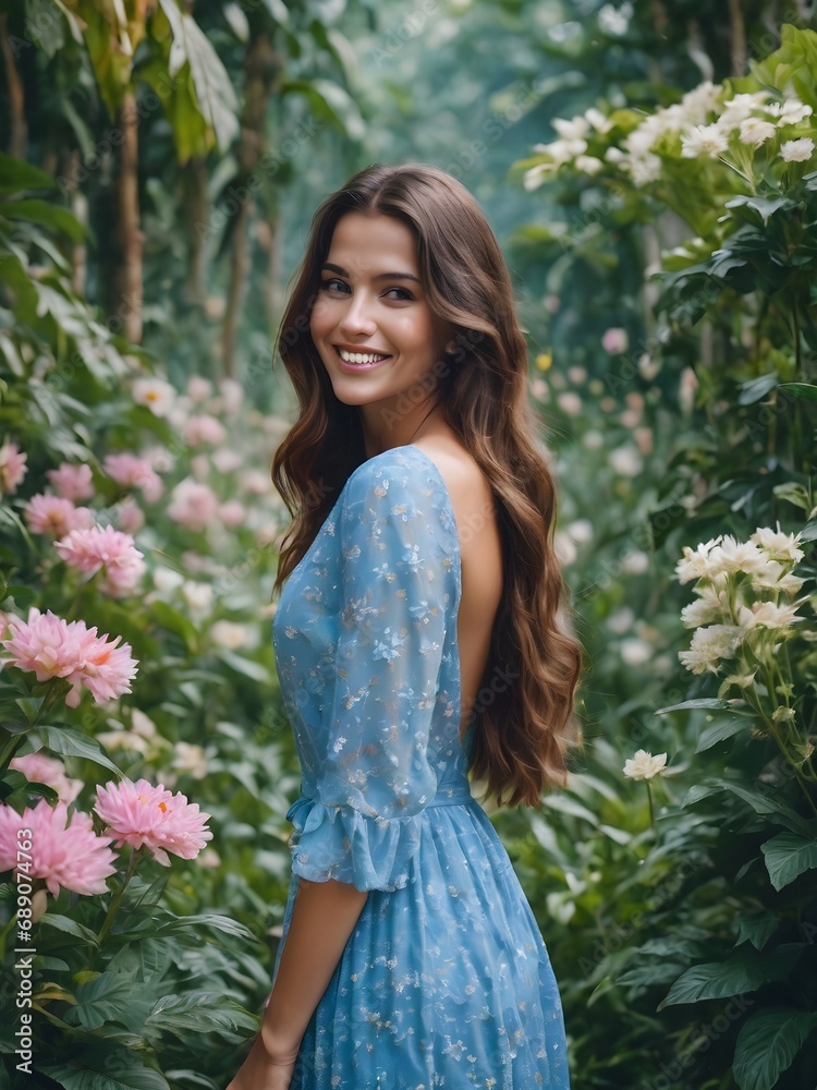 portrait of a beautiful women in middle of blue dress and flower fantasy jungle portrait of a beautiful women in middle of blue dress and flower fantasy jungle
