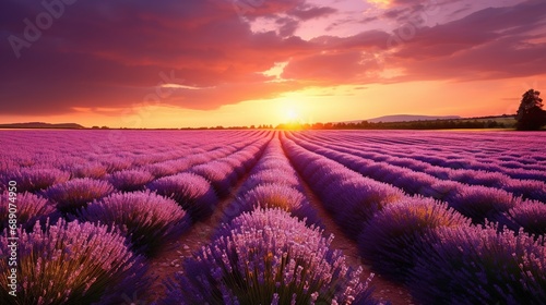 Lavender field sunset and lines. Beautiful lavender blooming scented flowers at sunset