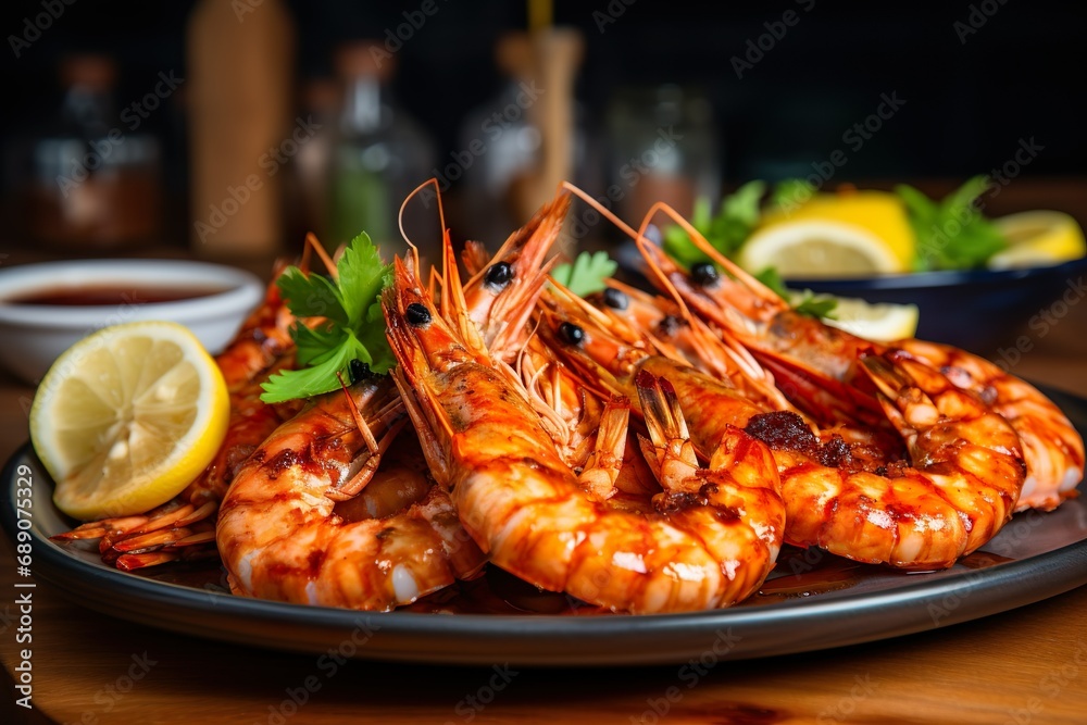 Close up of gourmet grilled king shrimps. Seafood in a restaurant menu. Close up of gourmet grilled king shrimps. Seafood in a restaurant menu.