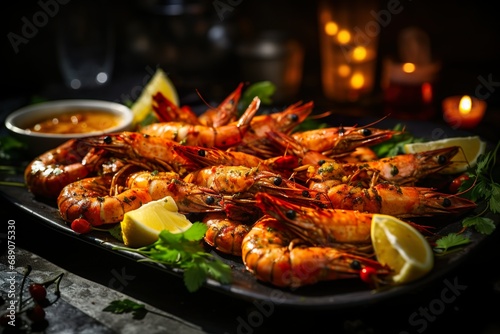 Close up of gourmet grilled king shrimps. Seafood in a restaurant menu.