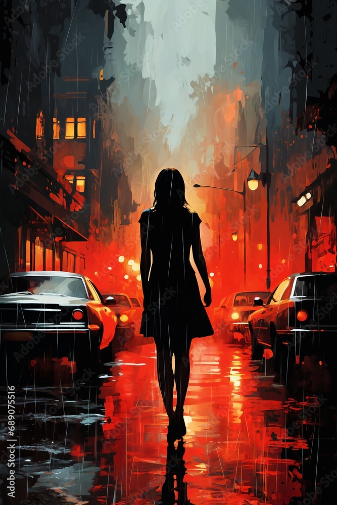 Portrait of a beautiful fashionable woman with a hairstyle on a city street, in the evening. Streetlights reflected from wet road. Portrait of a beautiful fashionable woman with a hairstyle on a city street, in the evening. Streetlights reflected from wet road.