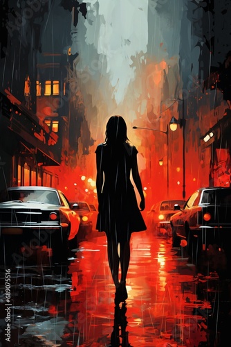 Portrait of a beautiful fashionable woman with a hairstyle on a city street, in the evening. Streetlights reflected from wet road.