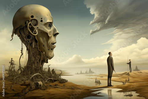 illustration of abstract world in style of surrealism, man travels through desert landscape, next to sculpture in form of head from mechanics details photo