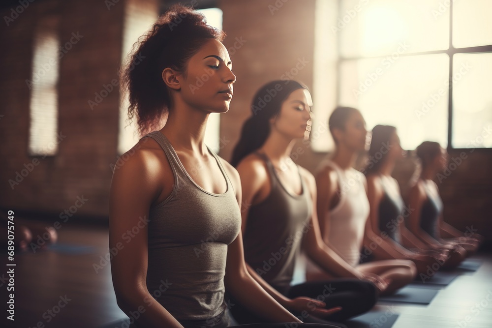 Women practicing meditation in tranquil yoga class. Mindfulness and wellness.