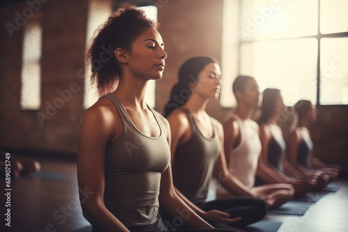 Women practicing meditation in tranquil yoga class. Mindfulness and wellness.