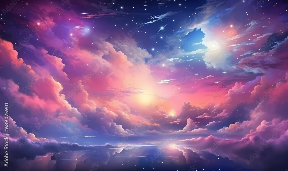A Colorful Sky With Clouds And Stars, abstract fantasy background of colorful sky with neon.