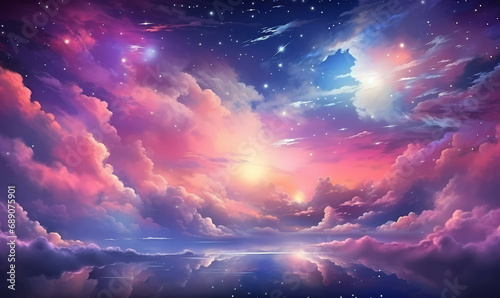 A Colorful Sky With Clouds And Stars, abstract fantasy background of colorful sky with neon.