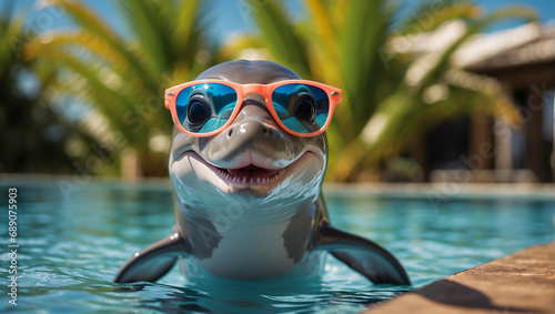 Cute funny cartoon dolphin wearing sunglasses