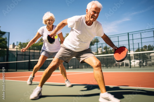 Senior couple playing paddleball on outdoor court. Active aging and fitness.