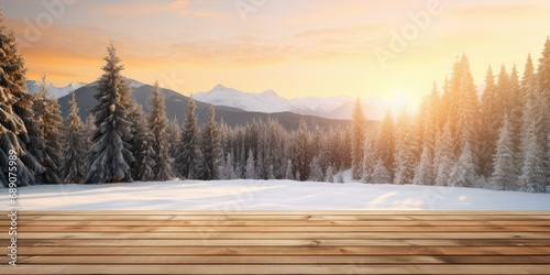 Wooden Floor Against Snowy Landscape with Sunset Glow - Forest of Fir Trees Adding a Touch of Enchantment - Capturing the Tranquil Beauty of Nature © SurfacePatterns