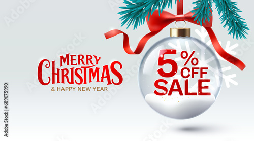 Merry Christmas and happy new year, 5 Percentage off sale. Vector illustration 